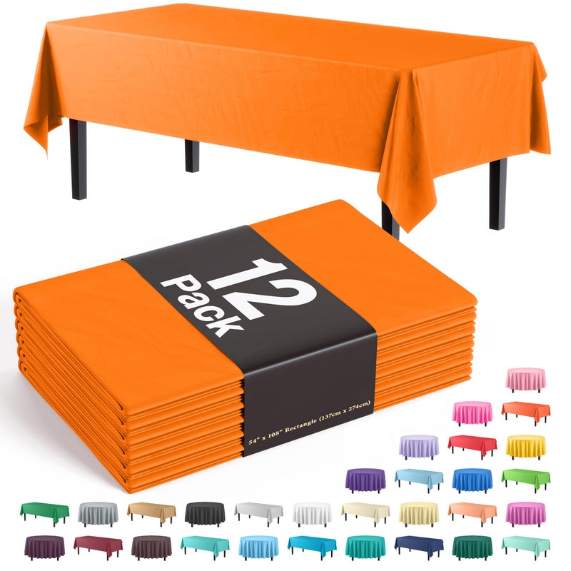 Exquisite 12-Pack Premium Plastic Tablecloth 54in. x 108in. Rectangle Table Cover - Orange - Image 1
